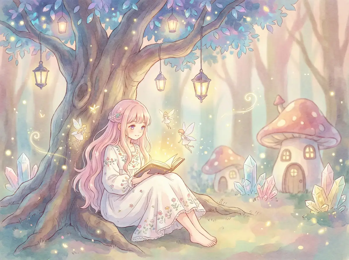 全能免费的刺激视频 - 魔法森林中阅读故事书的粉发少女与精灵